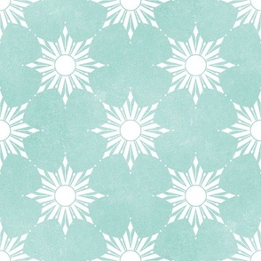 boho suns radiant rays 4 four inch white hand drawn textural crayon on light aqua green pastel teal for bold print or wallpaper