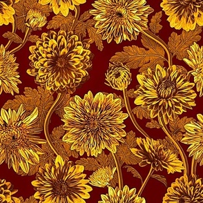 Vintage Metallic Mums  Chrysanthemum Pattern in Gold and Red