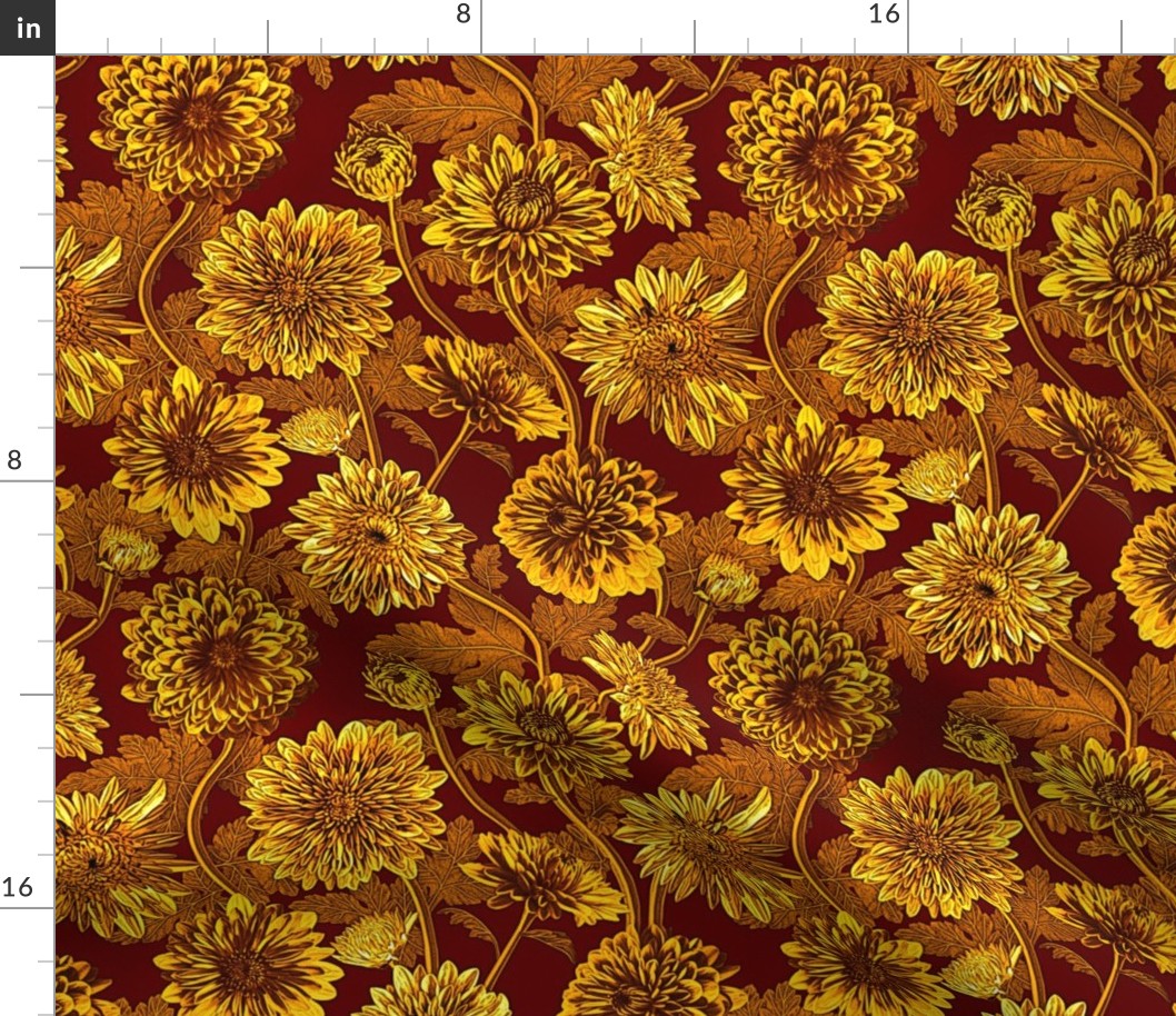 Vintage Metallic Mums  Chrysanthemum Pattern in Gold and Red