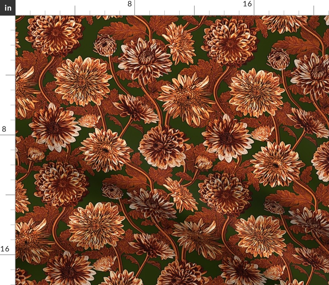 Vintage Metallic Mums  Chrysanthemum Pattern in Copper and Green