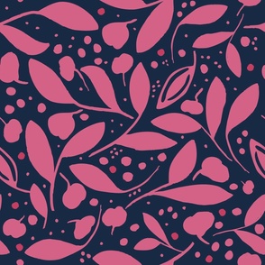 New Leaves Tossed - Pink On Luxe Dark Blue.