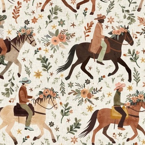 Whimsical wild west - cowboys and cowgirls riding horses with floral crowns on while linen Large - western wallpaper - rodeo decor