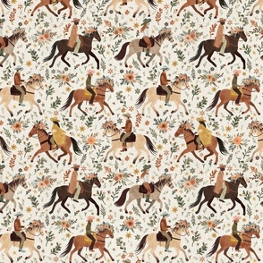 Whimsical wild west - cowboys and cowgirls riding horses with floral crowns on while linen medium - western decor - rodeo