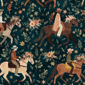Whimsical wild west - cowboys and cowgirls riding horses with floral crowns in dark teal Large  - western wallpaper - rodeo decor