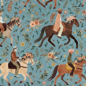 Whimsical wild west - cowboys and cowgirls riding horses with floral crowns in blue robin egg Large  - western wallpaper - rodeo decor