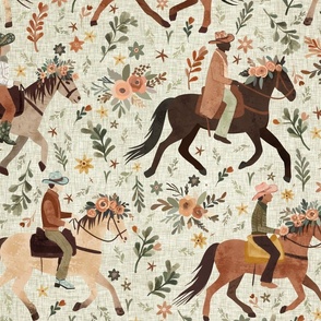 Whimsical wild west - cowboys and cowgirls riding horses with floral crowns in green linen Large  - western wallpaper - rodeo decor