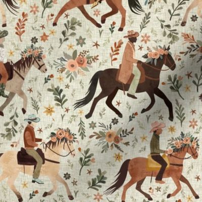 Whimsical wild west - cowboys and cowgirls riding horses with floral crowns in green linen medium - western decor - rodeo