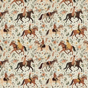 Whimsical wild west - cowboys and cowgirls riding horses with floral crowns in green linen medium - western decor - rodeo