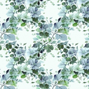 Garland Trellis Flowers and Leaves Spray Bouquet, Blue Gray Green on Pale Duckegg, Medium Scale