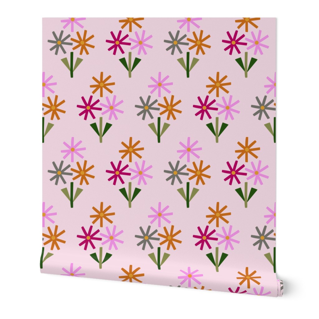 C016 - Large  scale pink mustard and green modern spring fling daisy garden diamond setting for sweet baby apparel, patchwork, pillows, nursery accessories and wallpaper