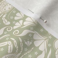 Art Nouveau Crab Damask / Beach Coastal / Crustacean Core / Cancer Zodiac / Sage Green Dove White / Small