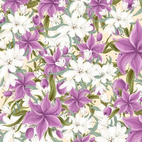 Purple White Floral on Cream Greenery