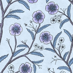 Chinoiserie Hand drawn Spring blooms soft blue and purple relaxing historical