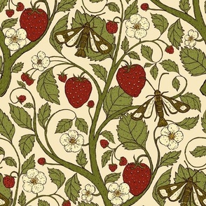 12x18 Vintage Strawberry Plant with Fruits, Leaves, Flowers, and Moths inspired by William Morris Strawberry Thief in Arts and Crafts Style - Large Scale