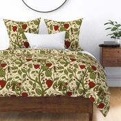24x36 Vintage Strawberry Plant with Fruits, Leaves, Flowers, and Moths inspired by William Morris Strawberry Thief in Arts and Crafts Style - Large Scale