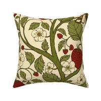 24x36 Vintage Strawberry Plant with Fruits, Leaves, Flowers, and Moths inspired by William Morris Strawberry Thief in Arts and Crafts Style - Large Scale
