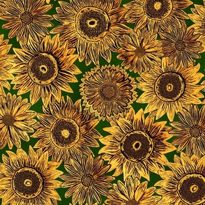 Vintage Metallic Sunflower and Daisy Pattern in Gold and Green