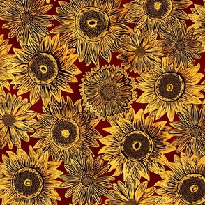 Vintage Metallic Sunflower and Daisy Pattern in Gold and Red