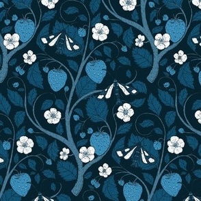 6x9 Indigo Blue and White Strawberry with fruits, leaves, flowers, and moths in  Vintage Arts and Crafts Style