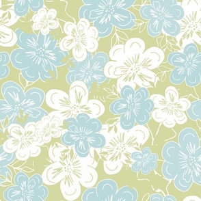 Sweet Cottage Garden Blossoms - Teal, Green And White.