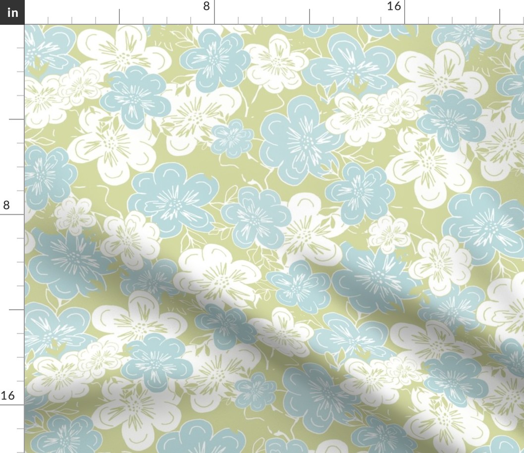 Sweet Cottage Garden Blossoms - Teal, Green And White.