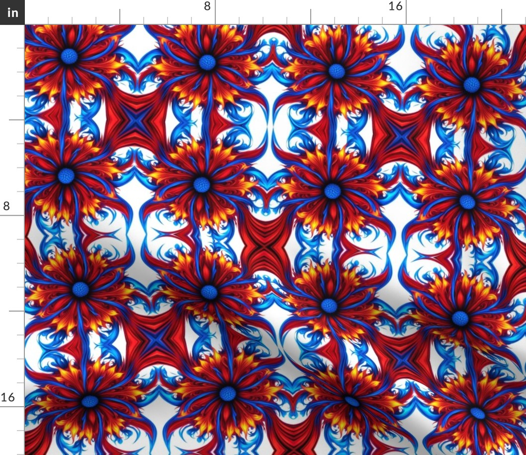 Floral Fire Print v.1 - Smaller - Red Blue White - Vertical