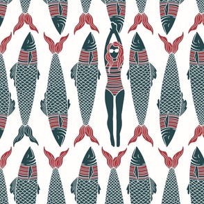 Swimmer and Fishes - Nautical Silkscreen 