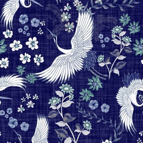 Chinoiserie Cranes on dark blue linen texture