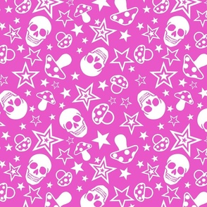 Pink and White Pop Punk Rock Pattern With Mushrooms, Skulls amd Stars  Juvenile Alternative Emo Style 