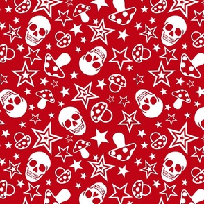 Red and White Pop Punk Rock Pattern With Mushrooms, Skulls amd Stars  Juvenile Alternative Emo Style 