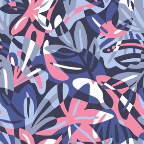 Blue and pink maximalist leaves shapes - overlapping tropical leaves  - lush jungle of cut out leaves