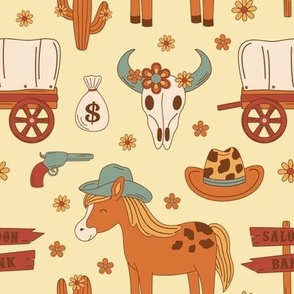  cow skull, horse, waggon on a yellow background