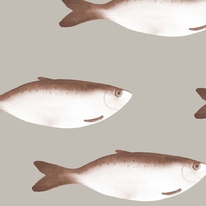 large - Moody herring fish - pinecone brown sepia on moonsrtuck gray beige