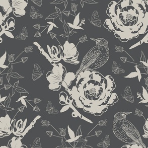 Peonies flowers, birds and butterflies in dark grey - cracked pepper and tranquil grey