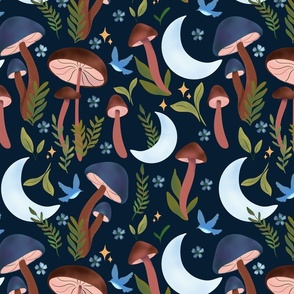 Enchanted and Dreamy Celestial Moonlit Mystic Woodland Mushrooms larger scale 