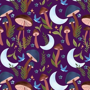 Enchanted and Dreamy Celestial Moonlit Mystic Woodland Mushrooms Dark Purple larger scale