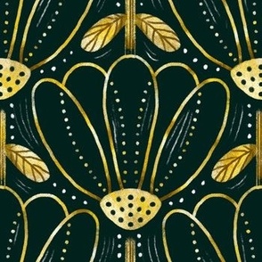 Vintage Glam Floral Upside Down | Gold & Dark Teal | Art Deco Nouveau Heritage Metallic