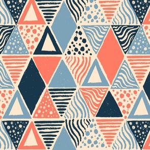 Colorful Geometric Triangles with Stripes and Dots – Blue and Coral Fun Fabric