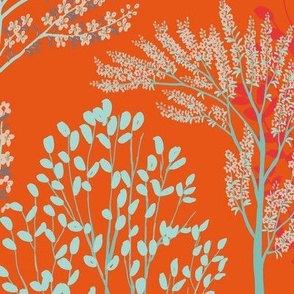 Enchanting Surreal Forest//Whimsical//Coral//Large scale//mughal garden//peacock, deer//Wallpaper//home decor//fabric