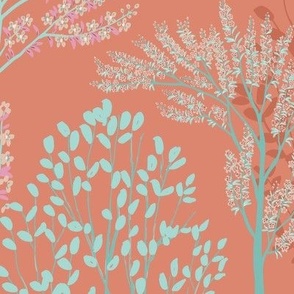Enchanting Surreal Forest//Whimsical//Peach//Large scale//mughal garden//peacock, deer//homedecor//fabric