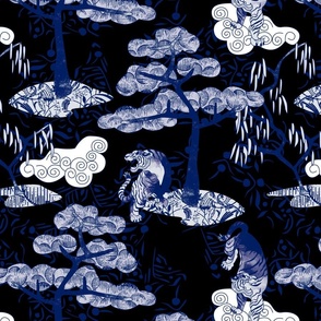 Chinoiserie Blue Tiger on black
