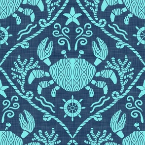 nautical crustacean crab - teal on blue blockprint, linen texture