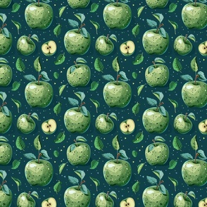Green Apples on Blue Teal Background Fruit Country Design Pattern