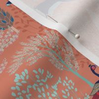 Enchanting Surreal Forest//Whimsical//Peach//small scale//mughal garden//peacock, deer//homedecor//fabric