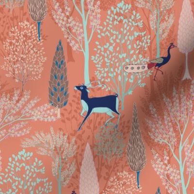 Enchanting Surreal Forest//Whimsical//Peach//small scale//mughal garden//peacock, deer//homedecor//fabric
