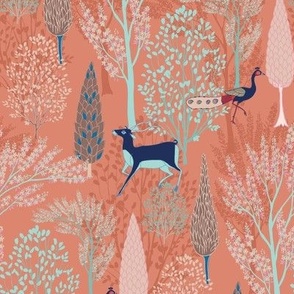 Enchanting Surreal Forest//Whimsical//Peach//small scale//mughal garden//peacock, deer//homedecor//fabric