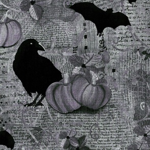 Large 24” repeat mixed media vintage handwriting, book paper and hand drawn lace with crows, bats, pumpkins and flowers with faux burlap woven texture on grey and violet