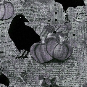 Medium 12” repeat mixed media vintage handwriting, book paper and hand drawn lace with crows, bats, pumpkins and flowers with faux burlap woven texture on grey and violet