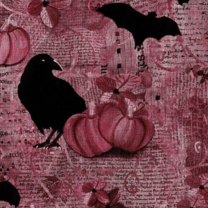 Large 24” repeat mixed media vintage handwriting, book paper and hand drawn lace with crows, bats, pumpkins and flowers with faux burlap woven texture on pink hues