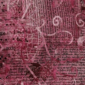 Large 24” repeat mixed media vintage handwriting, book paper and hand drawn lace faux burlap woven texture on Pink hues